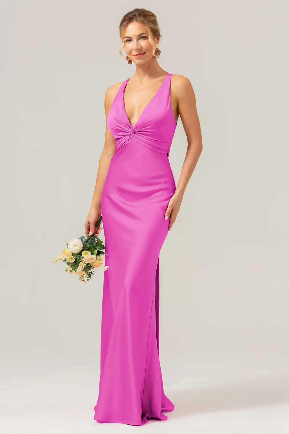 Pink Mermaid V Neck Ruched Satin Long Bridesmaid Dress with Lace Up Back - Image 22