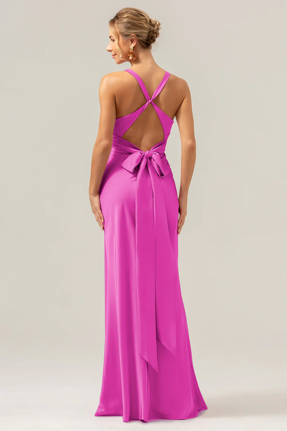 Pink Mermaid V Neck Ruched Satin Long Bridesmaid Dress with Lace Up Back - Image 23