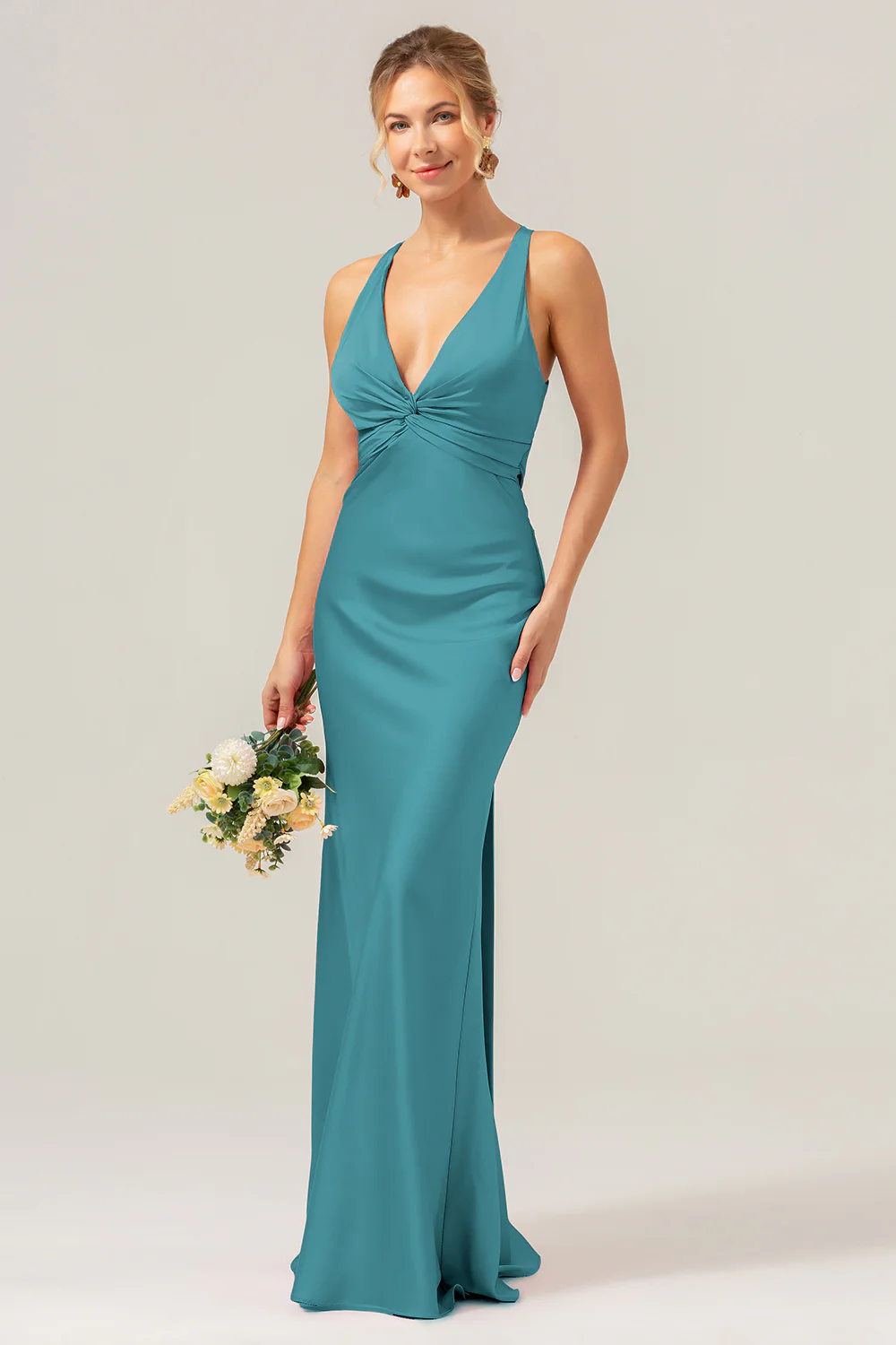 Pink Mermaid V Neck Ruched Satin Long Bridesmaid Dress with Lace Up Back - Image 24