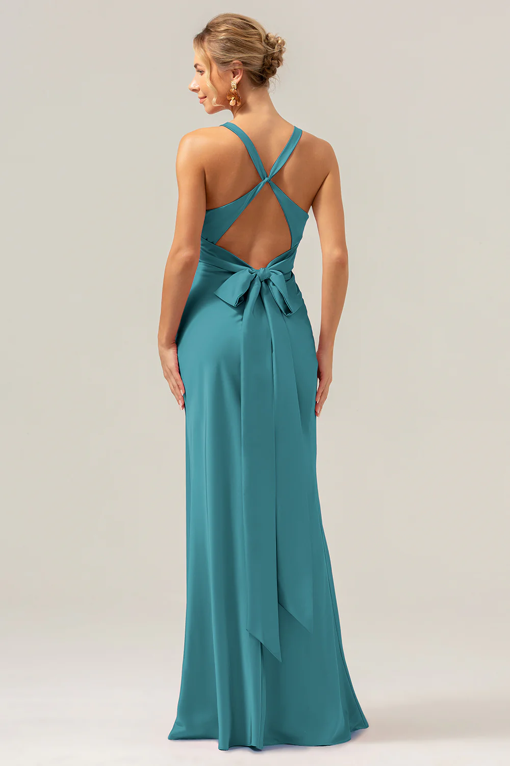 Pink Mermaid V Neck Ruched Satin Long Bridesmaid Dress with Lace Up Back - Image 25