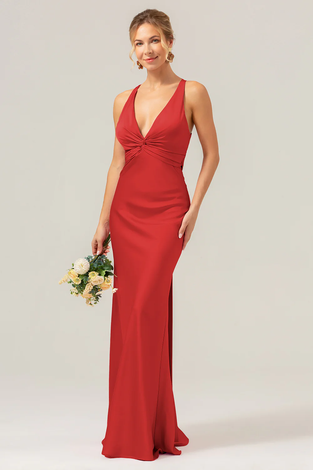 Pink Mermaid V Neck Ruched Satin Long Bridesmaid Dress with Lace Up Back - Image 26