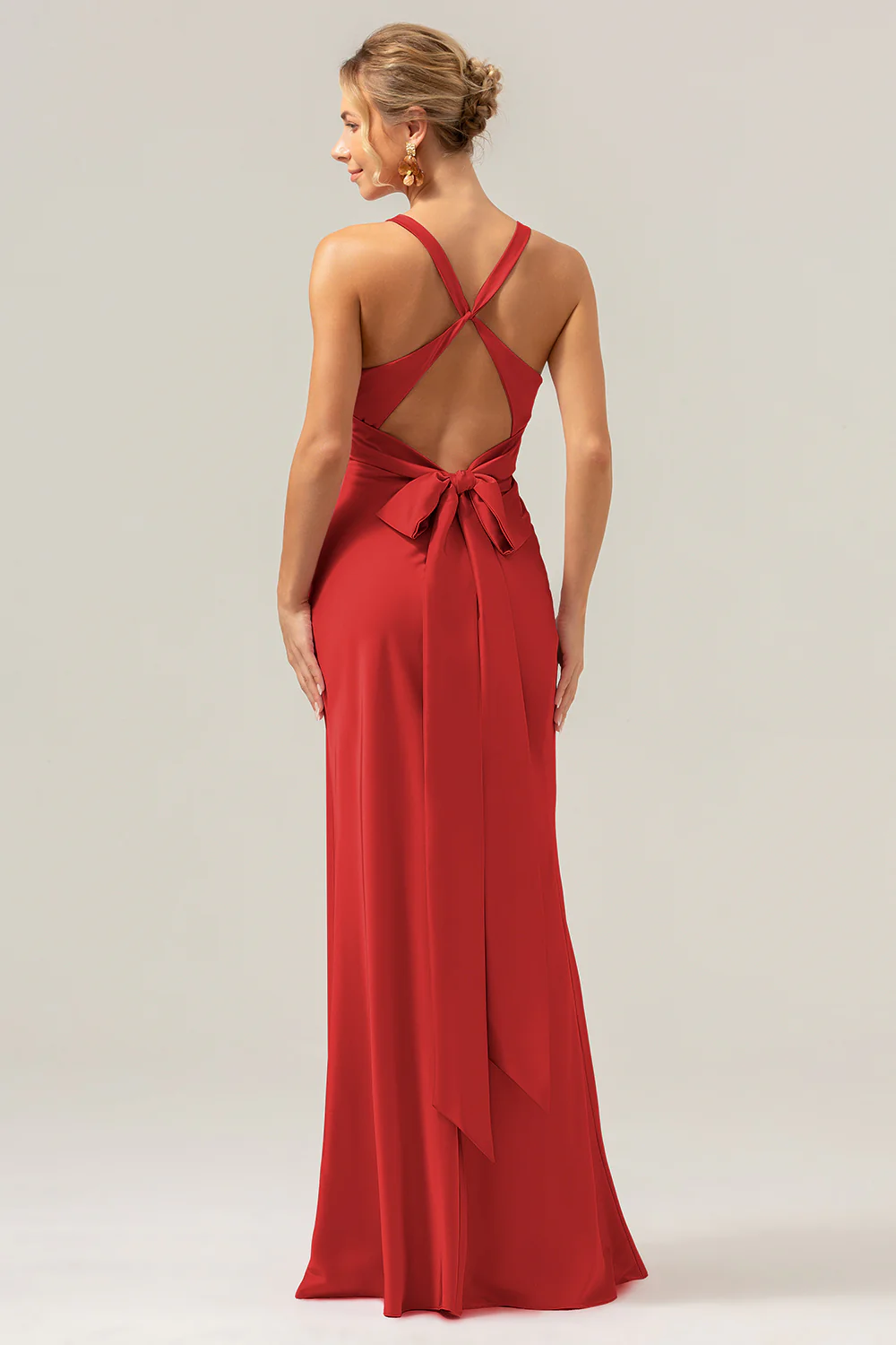 Pink Mermaid V Neck Ruched Satin Long Bridesmaid Dress with Lace Up Back - Image 27