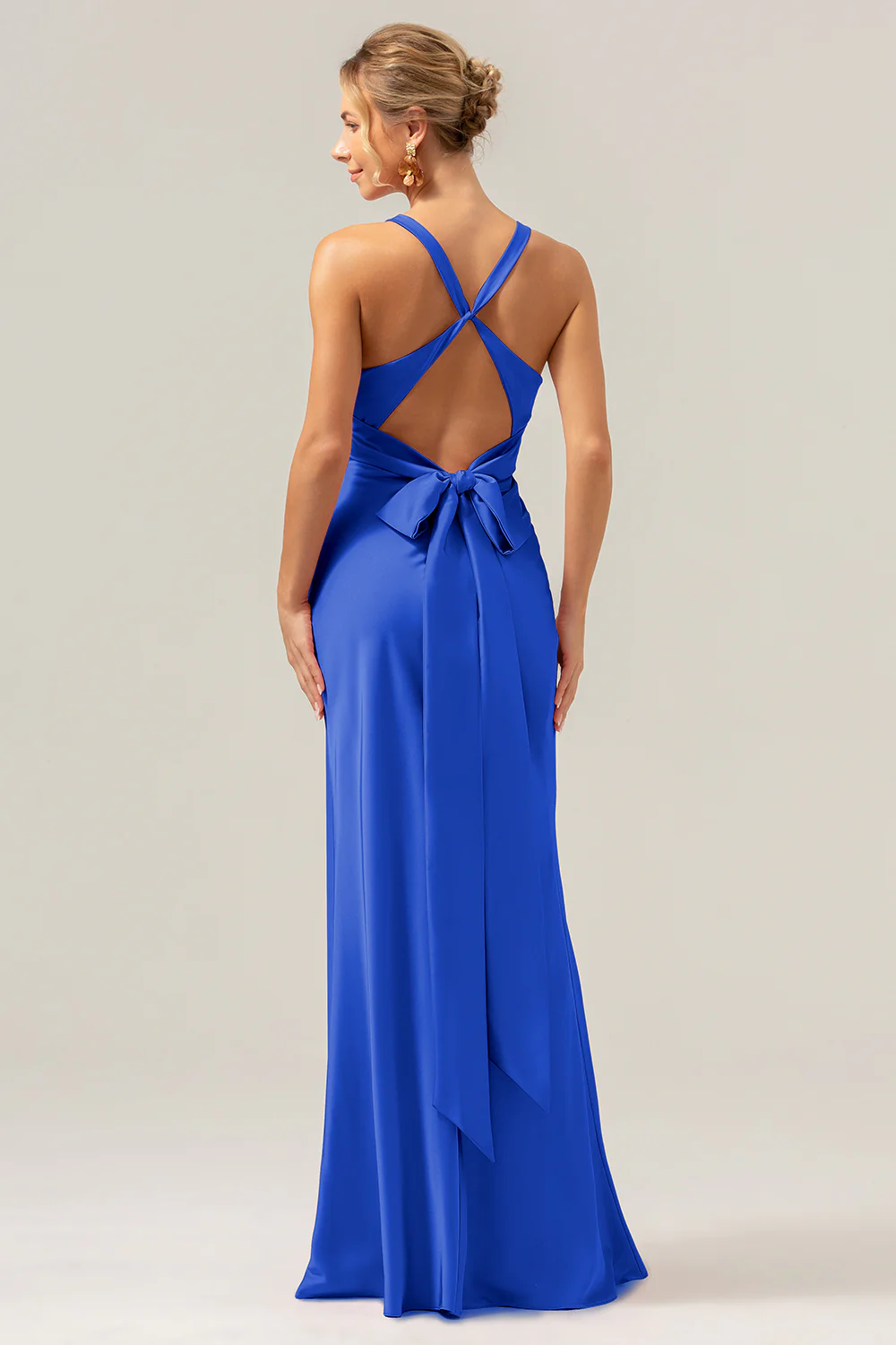 Pink Mermaid V Neck Ruched Satin Long Bridesmaid Dress with Lace Up Back - Image 29