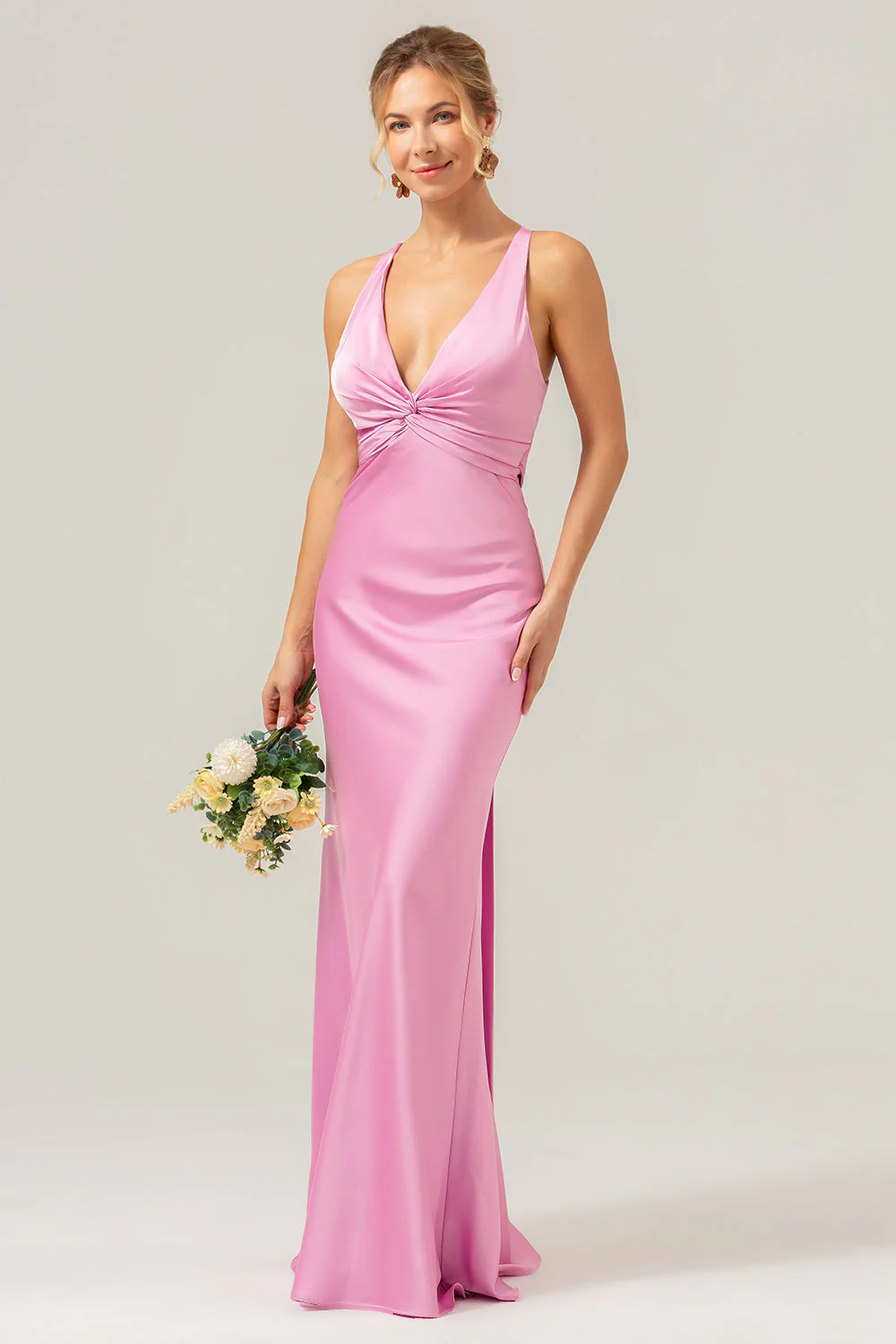 Pink Mermaid V Neck Ruched Satin Long Bridesmaid Dress with Lace Up Back - Image 6