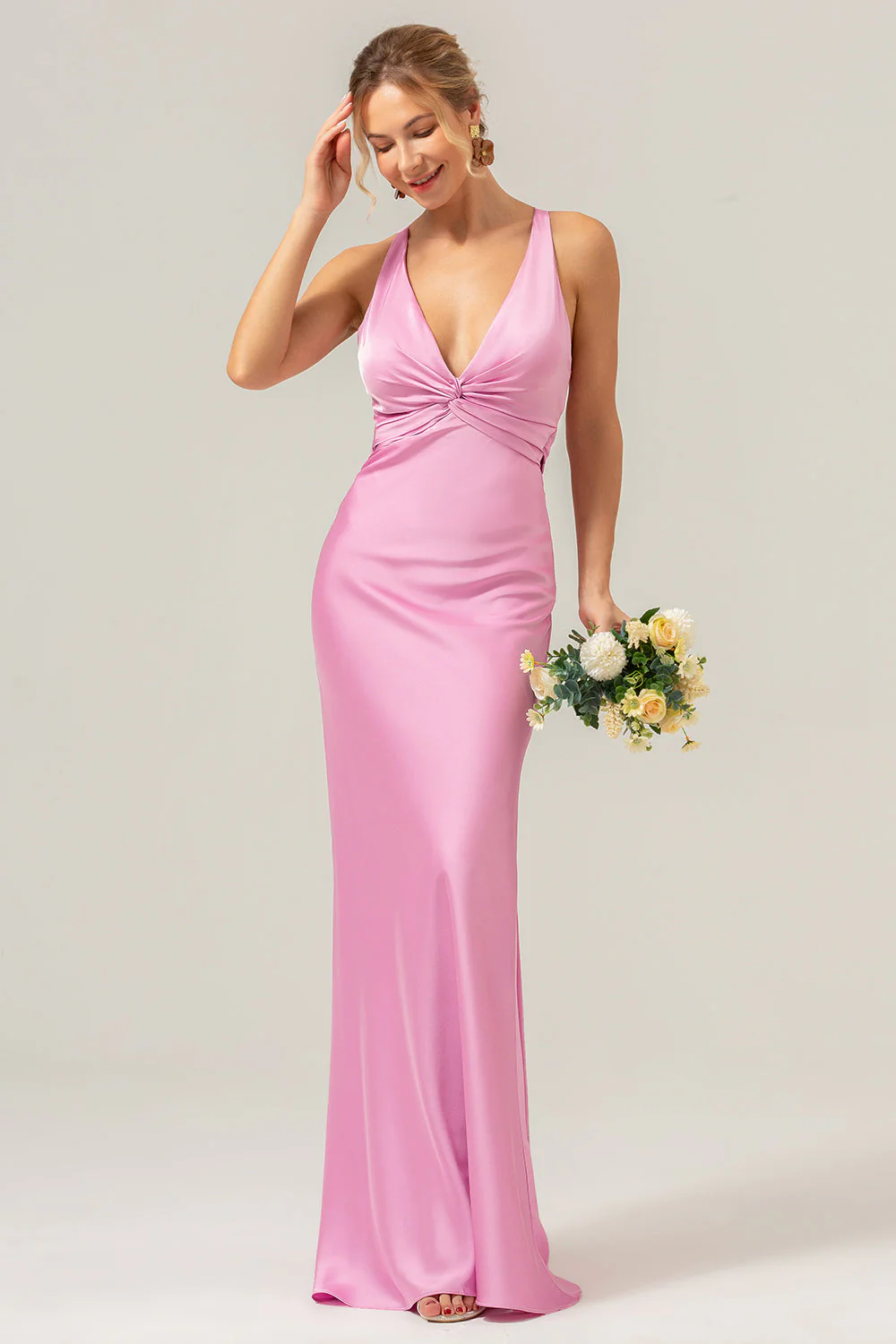 Pink Mermaid V Neck Ruched Satin Long Bridesmaid Dress with Lace Up Back - Image 7