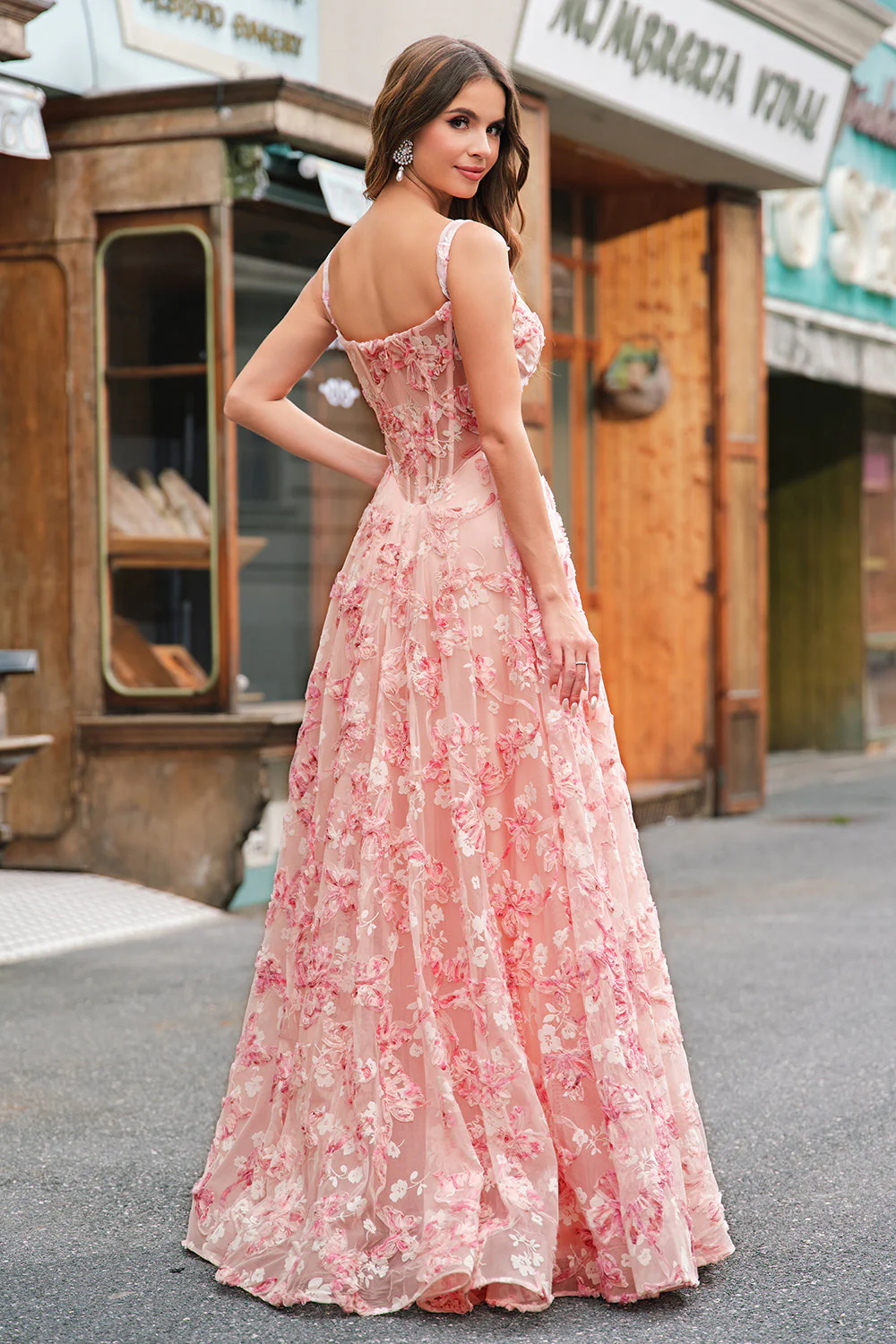 Pink Off The Shoulder A-Line Corset 3D Butterflies Floral Prom Dress with Slit - Image 2
