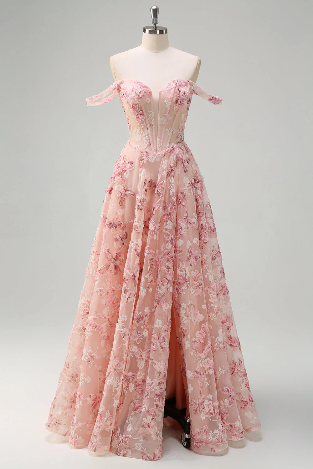 Pink Off The Shoulder A-Line Corset 3D Butterflies Floral Prom Dress with Slit - Image 3