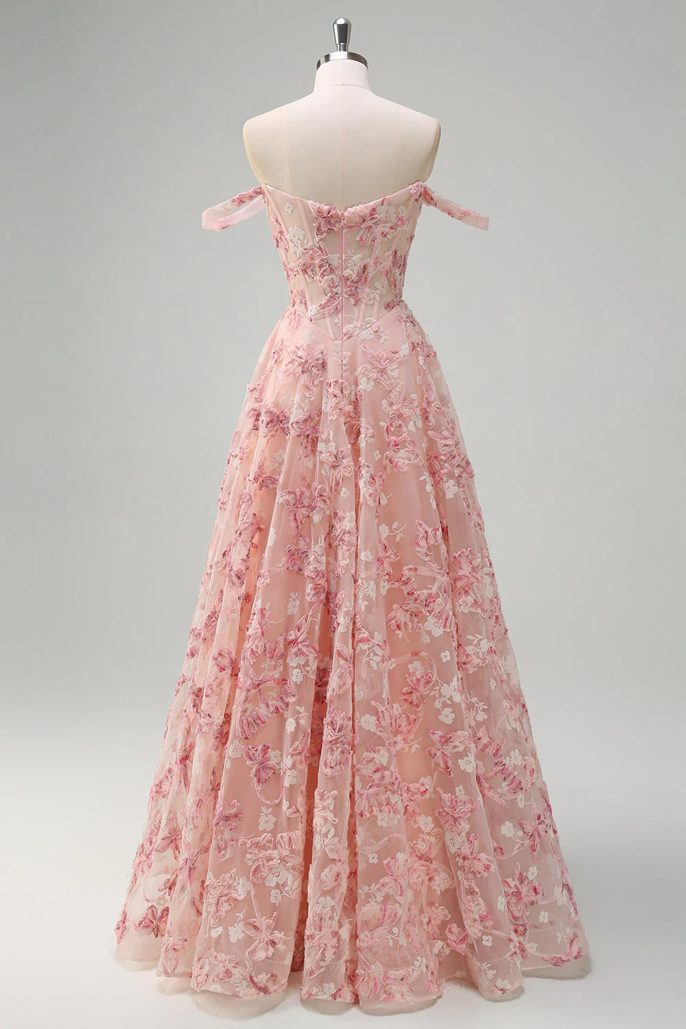 Pink Off The Shoulder A-Line Corset 3D Butterflies Floral Prom Dress with Slit - Image 4