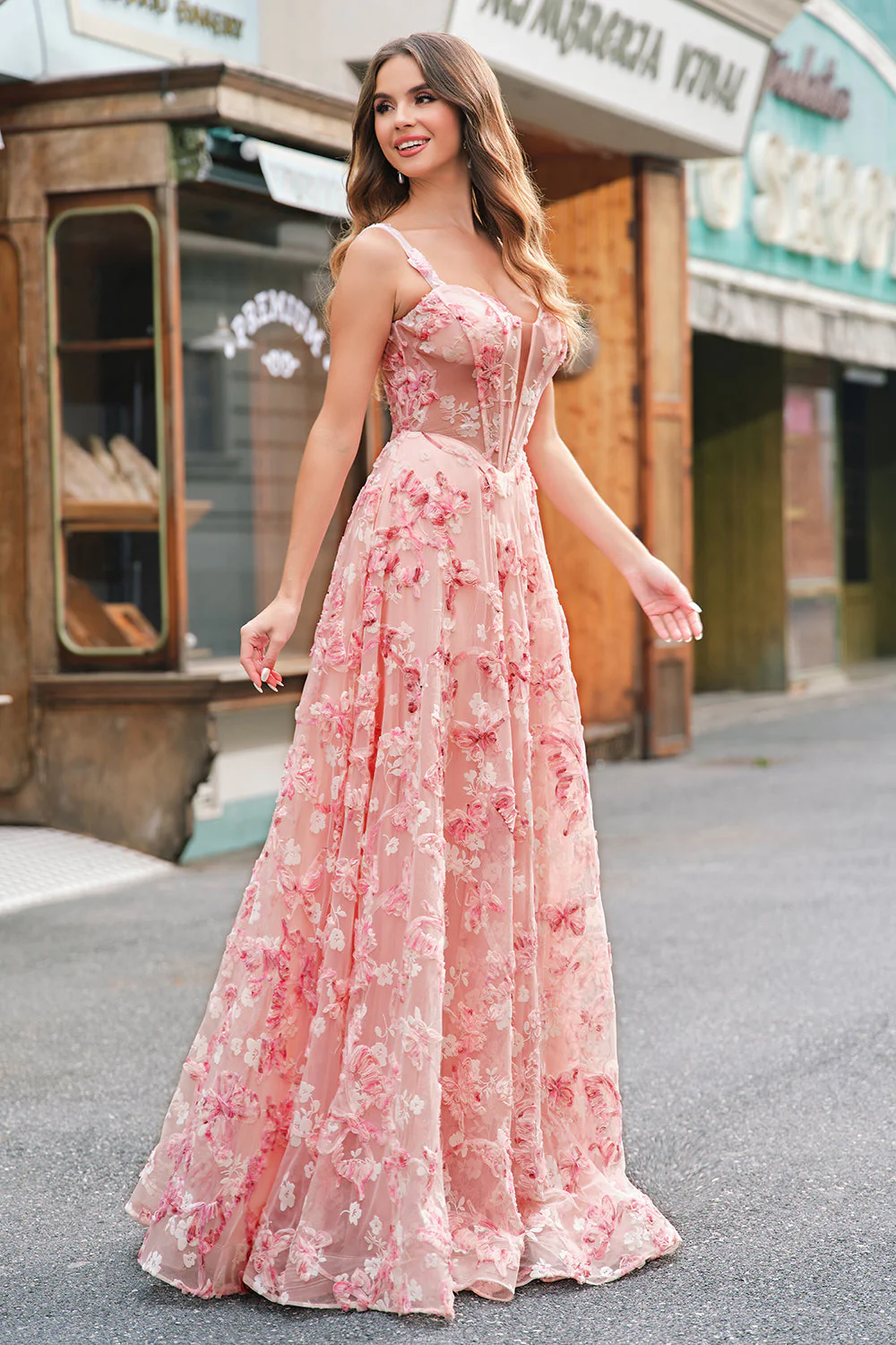 Pink Off The Shoulder A-Line Corset 3D Butterflies Floral Prom Dress with Slit - Image 5