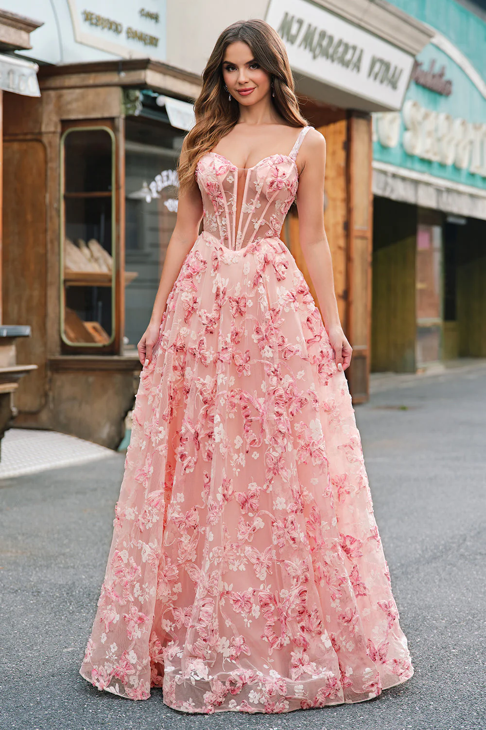 Pink Off The Shoulder A-Line Corset 3D Butterflies Floral Prom Dress with Slit - Image 6