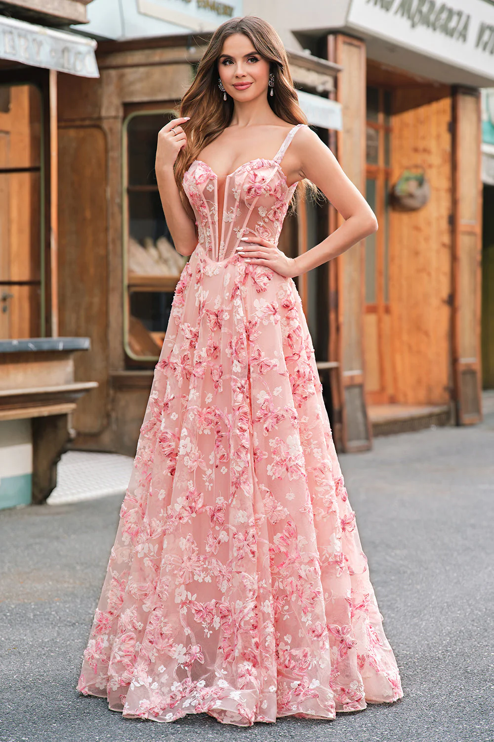 Pink Off The Shoulder A-Line Corset 3D Butterflies Floral Prom Dress with Slit - Image 7