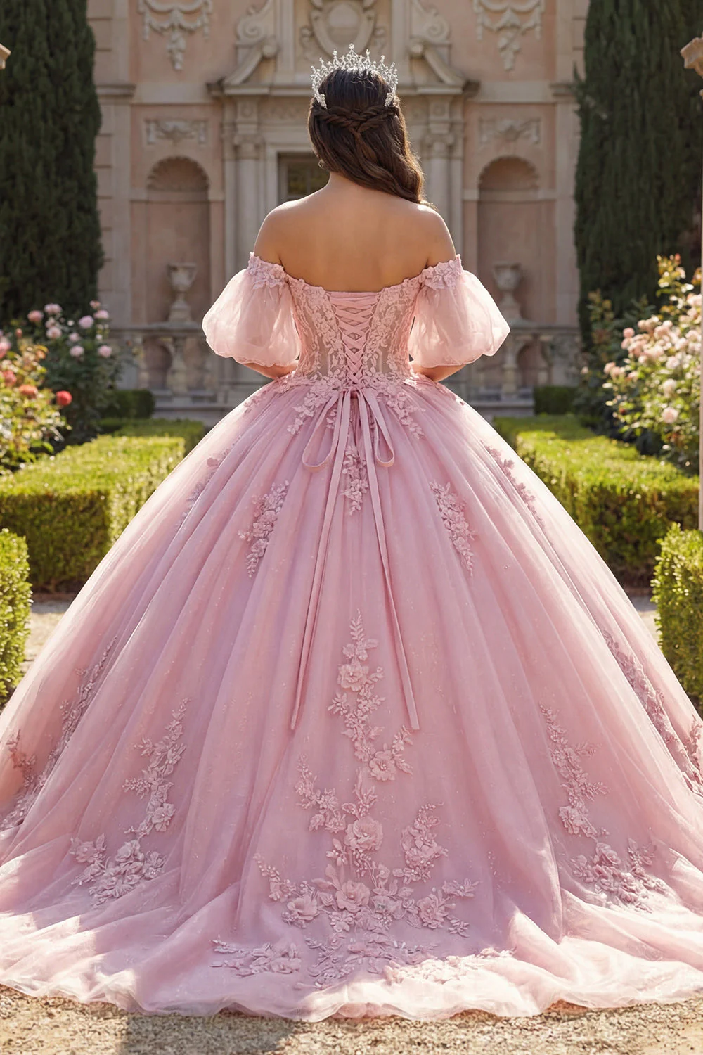 Pink Off the Shoulder Appliqued Ball Gown Quinceanera Dress with Puff Sleeves - Image 2