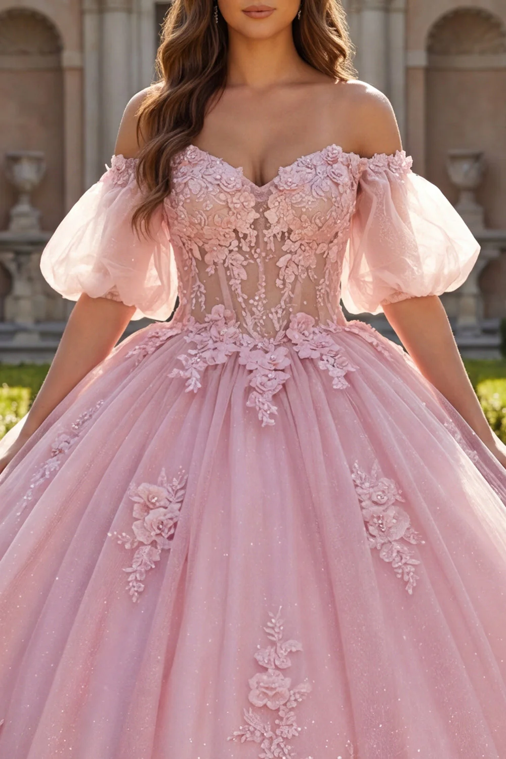 Pink Off the Shoulder Appliqued Ball Gown Quinceanera Dress with Puff Sleeves - Image 3
