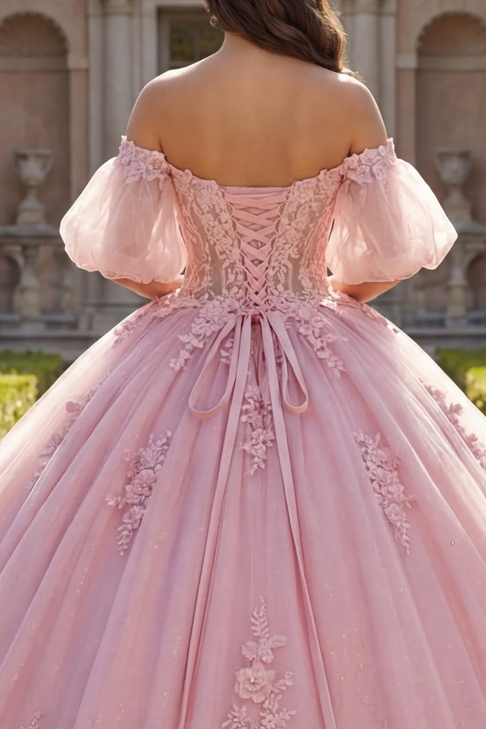 Pink Off the Shoulder Appliqued Ball Gown Quinceanera Dress with Puff Sleeves - Image 4