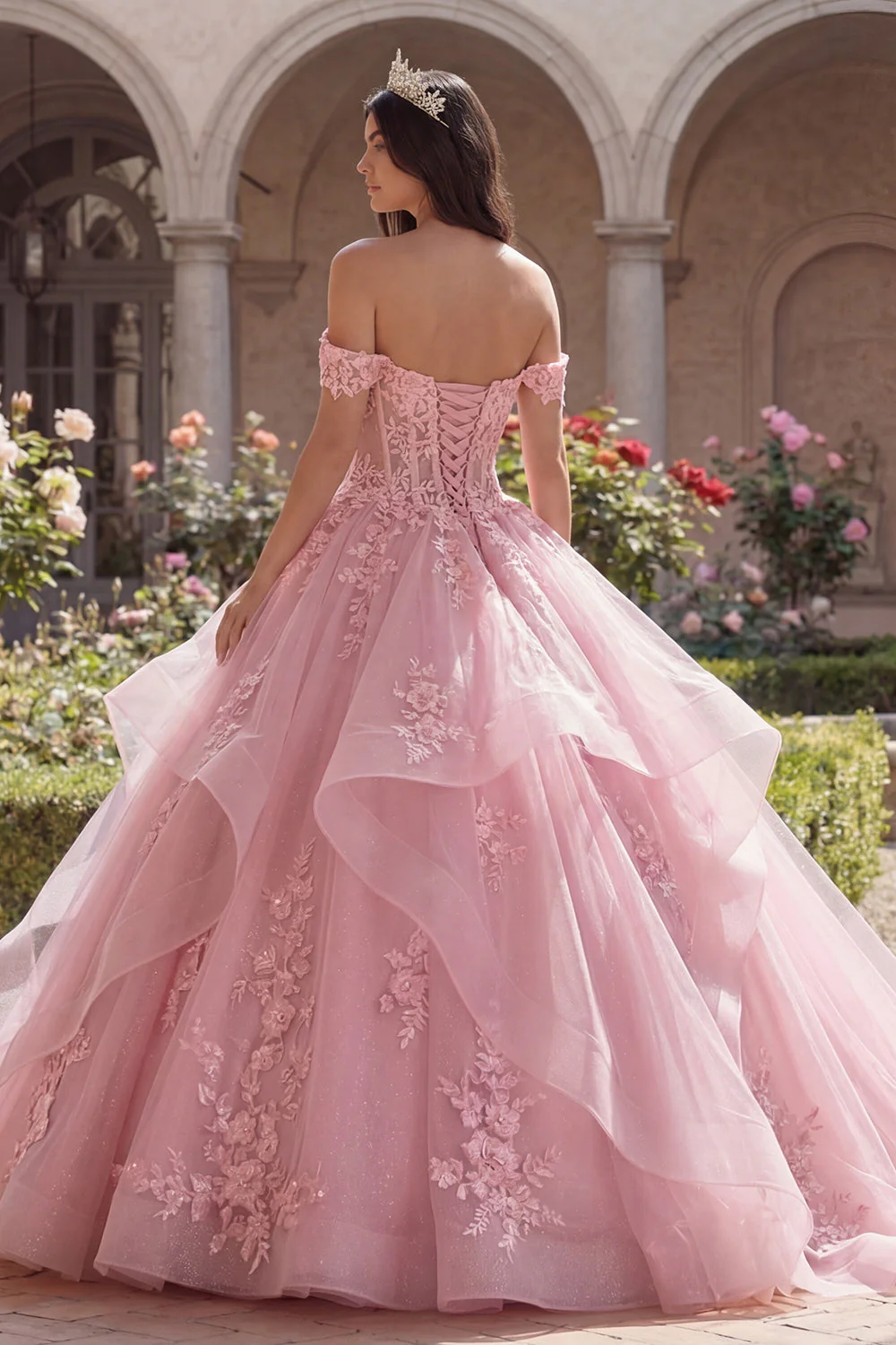 Pink Off The Shoulder Ball Gown Appliqued Ruffled Quinceanera Dress - Image 2