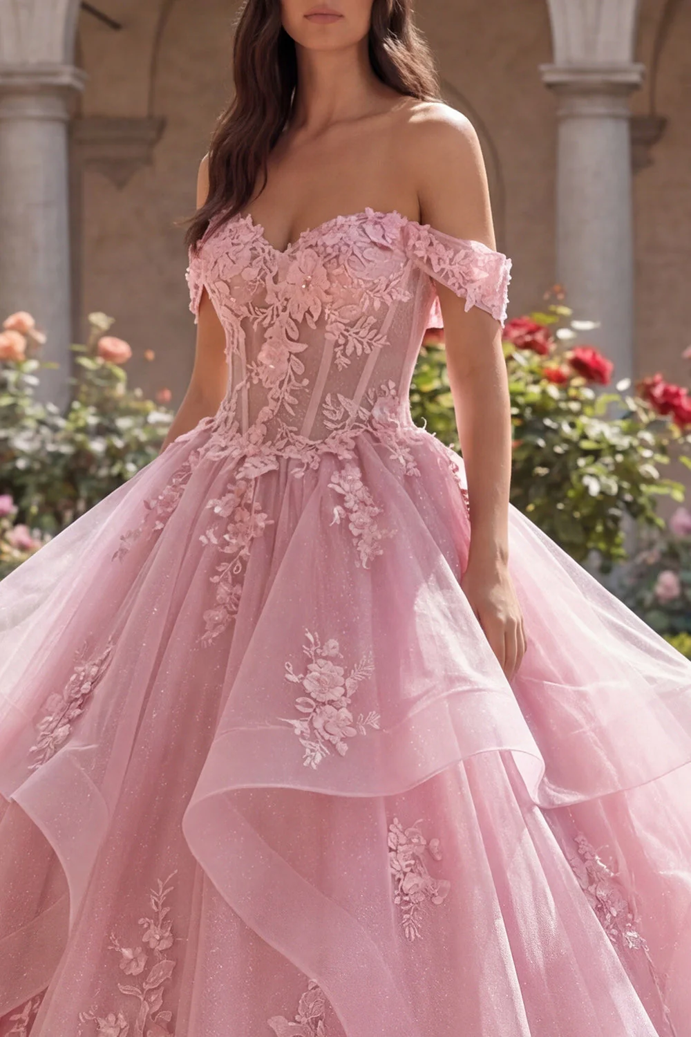 Pink Off The Shoulder Ball Gown Appliqued Ruffled Quinceanera Dress - Image 3