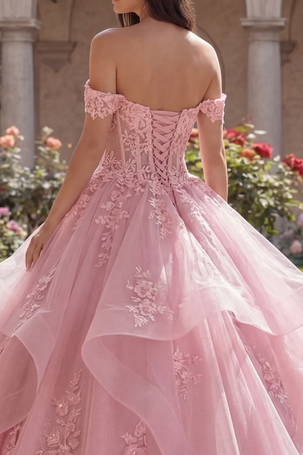Pink Off The Shoulder Ball Gown Appliqued Ruffled Quinceanera Dress - Image 4