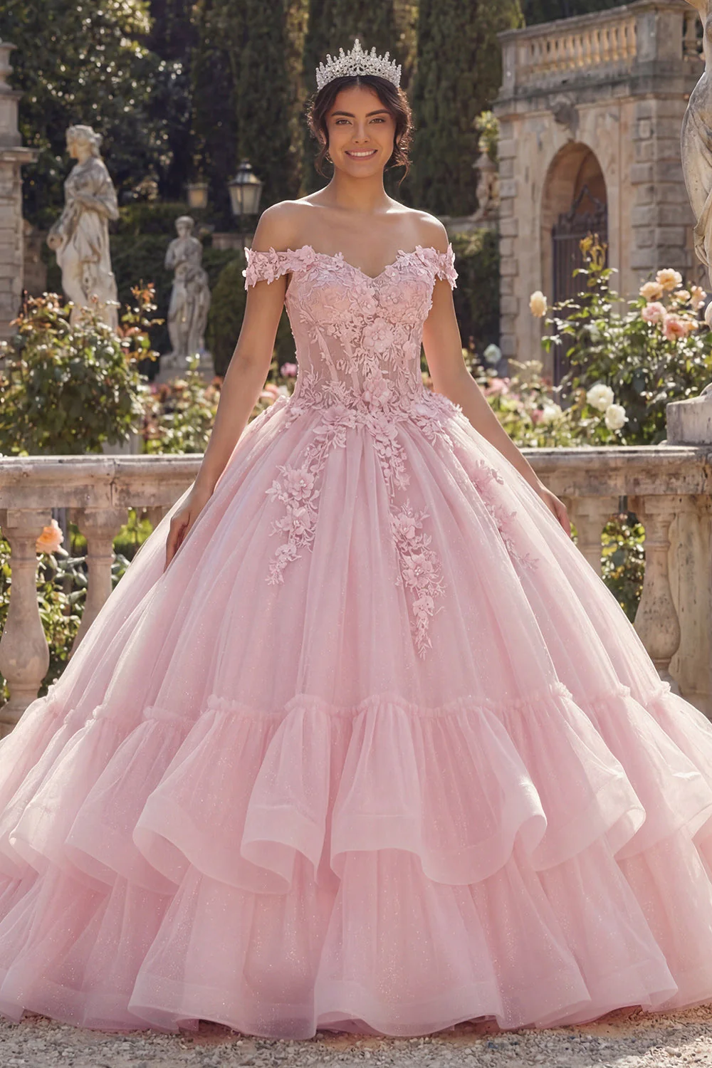 Pink Off The Shoulder Ball Gown Appliqued Tiered Quinceanera Dress