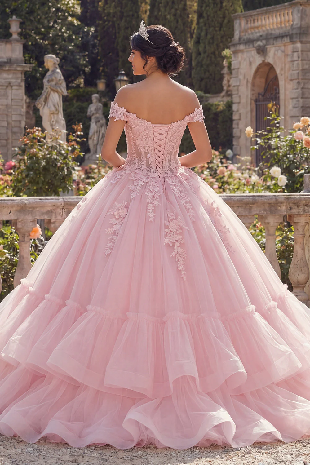 Pink Off The Shoulder Ball Gown Appliqued Tiered Quinceanera Dress - Image 2