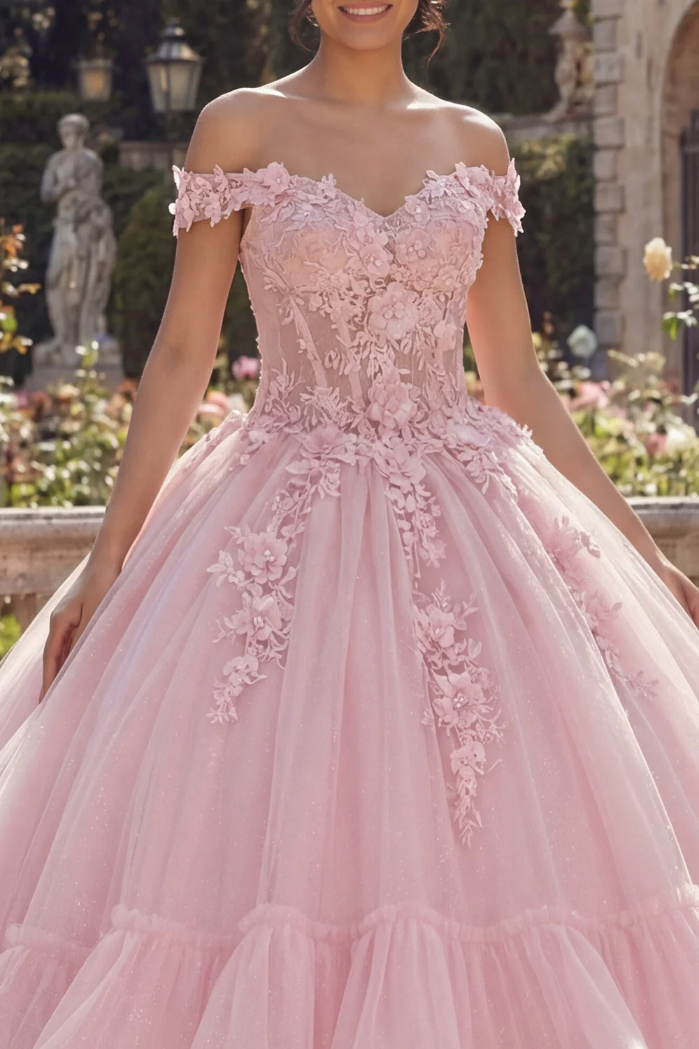 Pink Off The Shoulder Ball Gown Appliqued Tiered Quinceanera Dress - Image 3