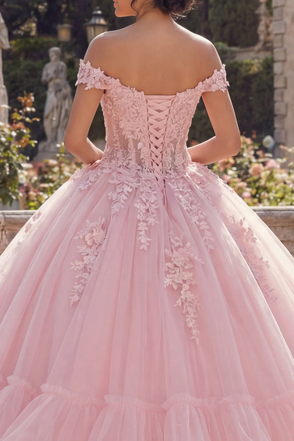 Pink Off The Shoulder Ball Gown Appliqued Tiered Quinceanera Dress - Image 4