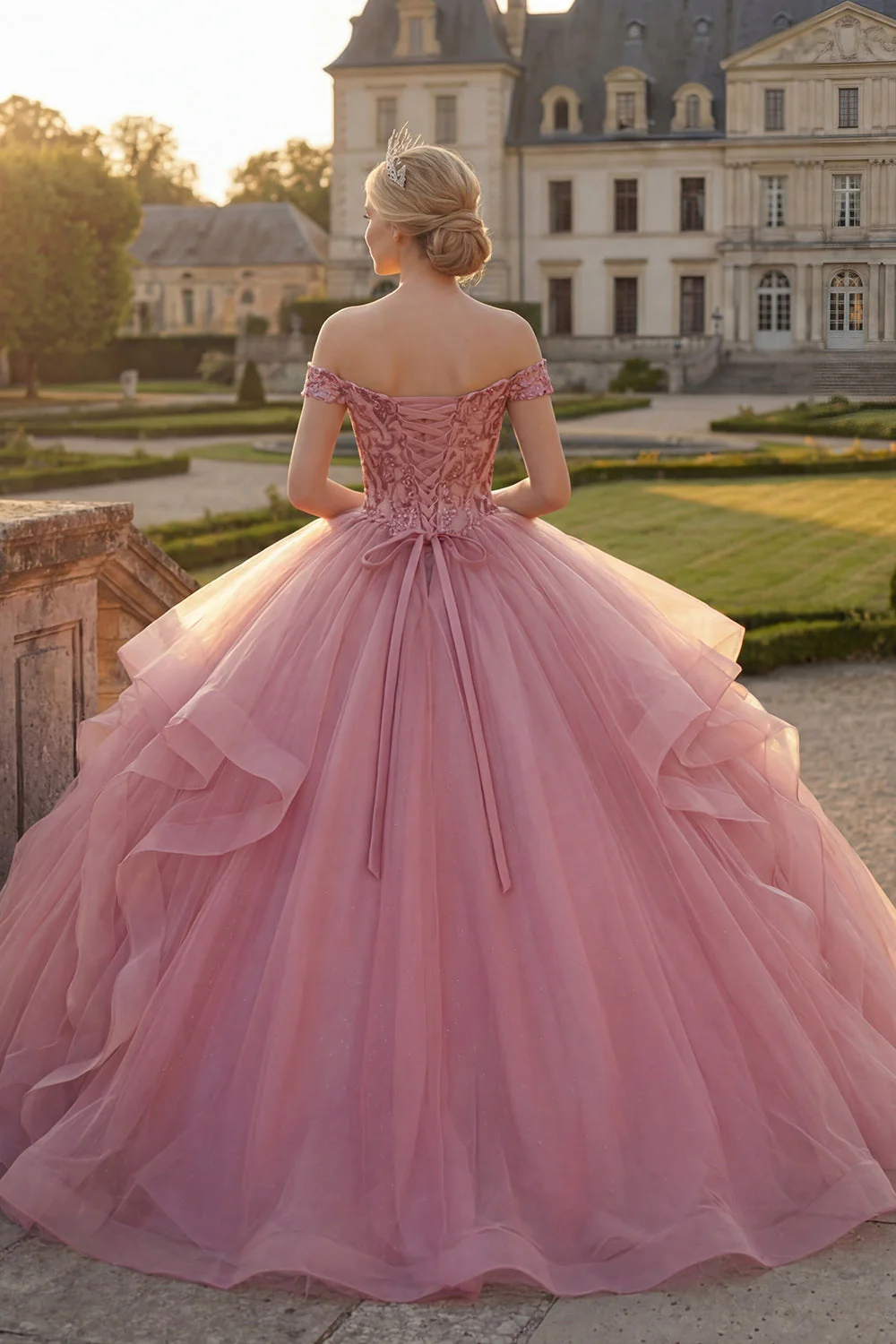 Pink Off the Shoulder Ball Gown Ruffled Sequins Quinceanera Dress - Image 2