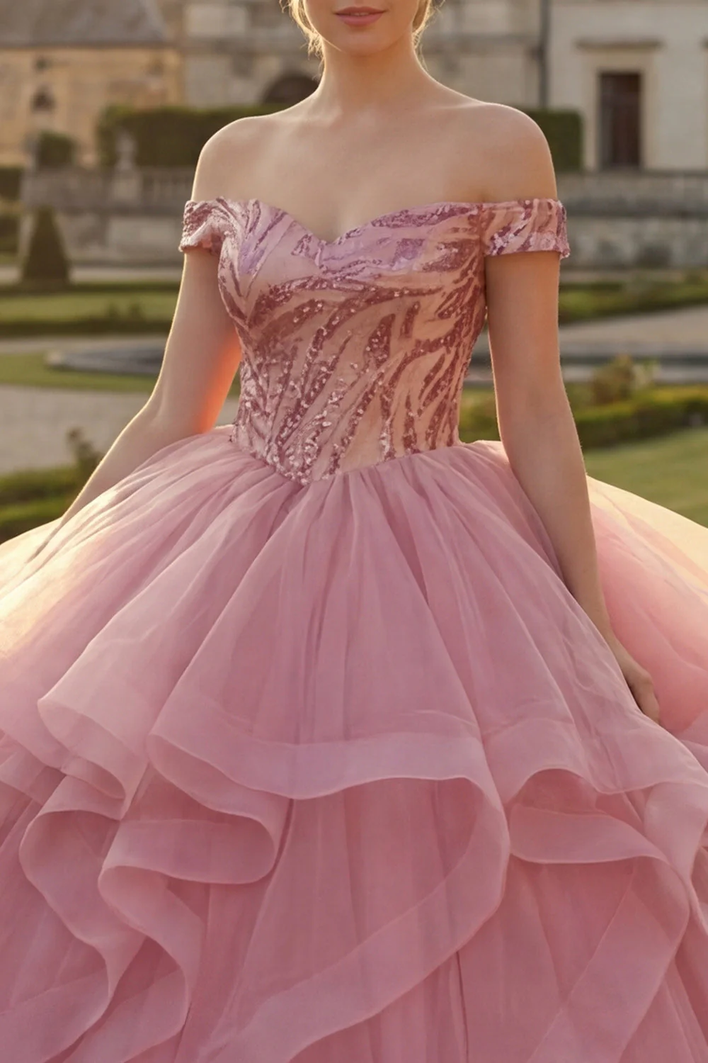 Pink Off the Shoulder Ball Gown Ruffled Sequins Quinceanera Dress - Image 3