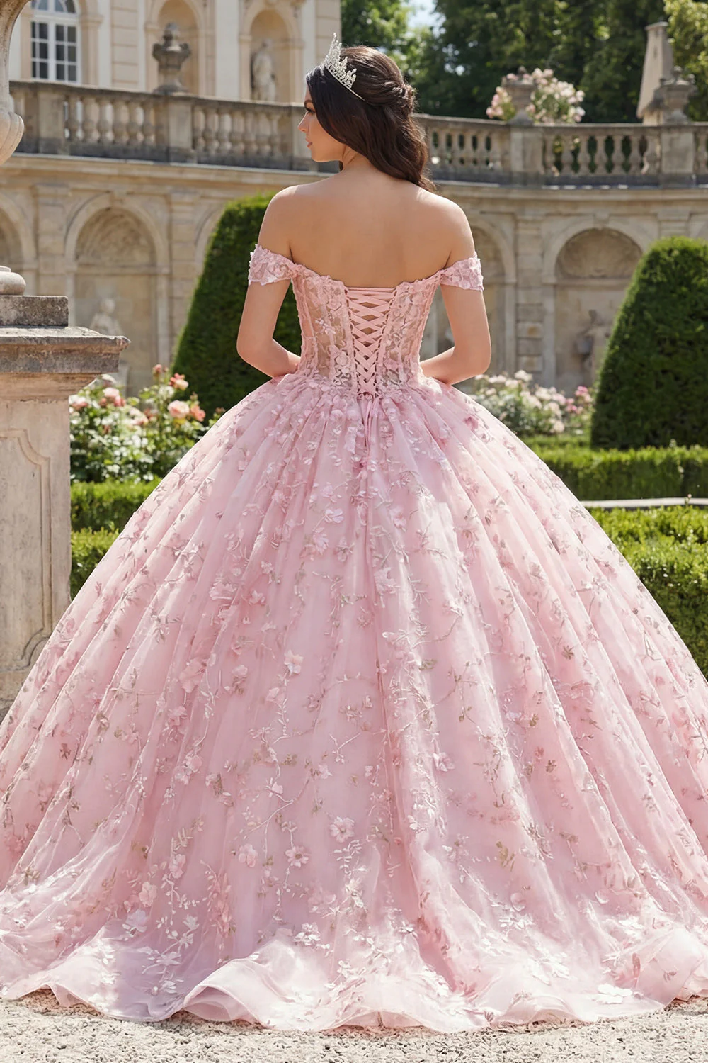 Pink Off the Shoulder Corset Appliqued Ball Gown Quinceanera Dress - Image 2