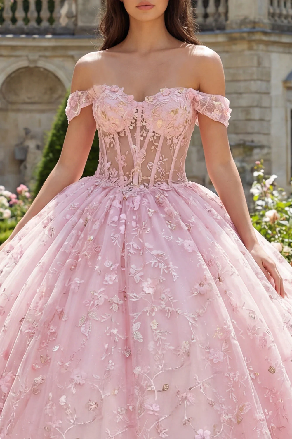 Pink Off the Shoulder Corset Appliqued Ball Gown Quinceanera Dress - Image 3