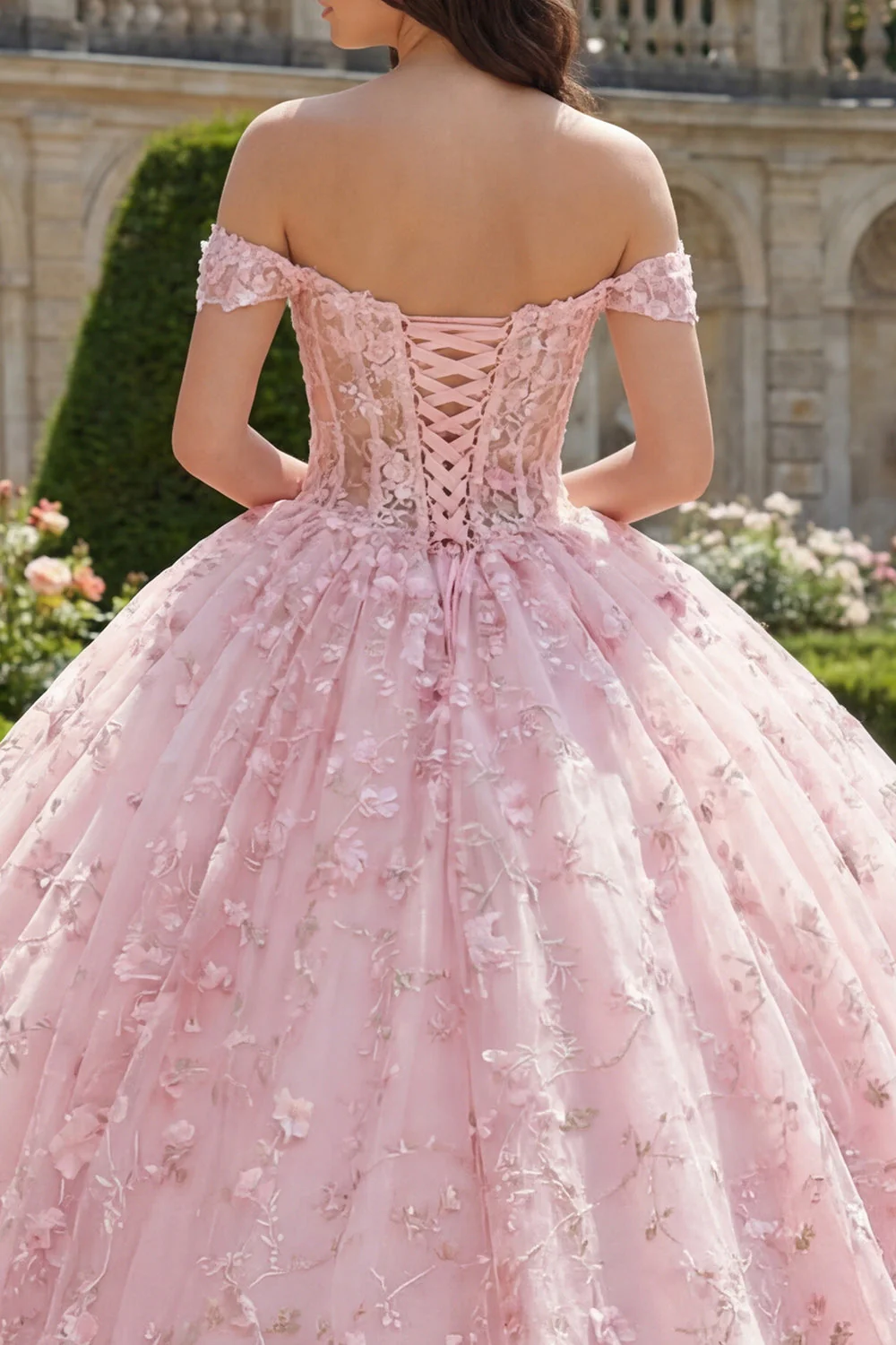Pink Off the Shoulder Corset Appliqued Ball Gown Quinceanera Dress - Image 4