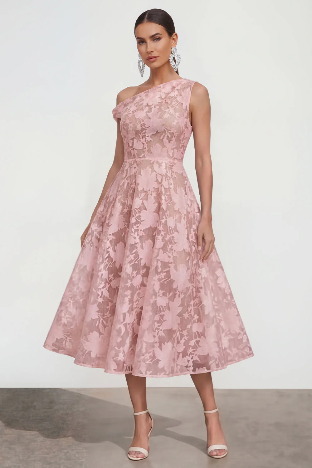 Pink One Shoulder A-Line Midi Floral Dress