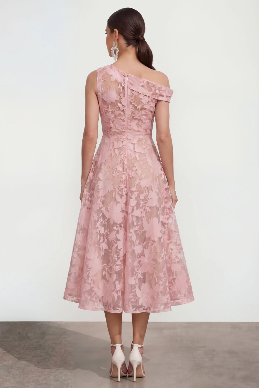 Pink One Shoulder A-Line Midi Floral Dress - Image 2