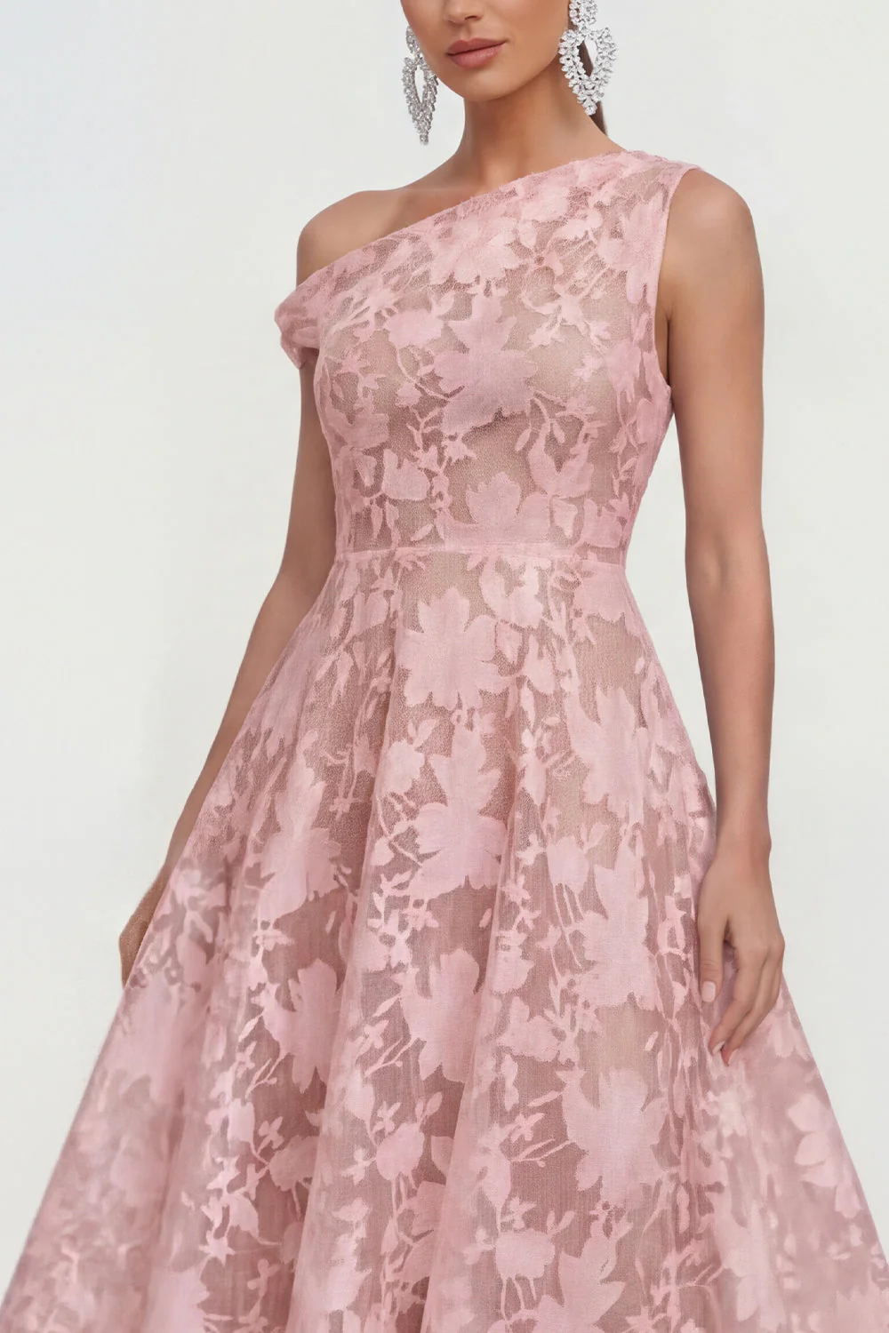 Pink One Shoulder A-Line Midi Floral Dress - Image 3