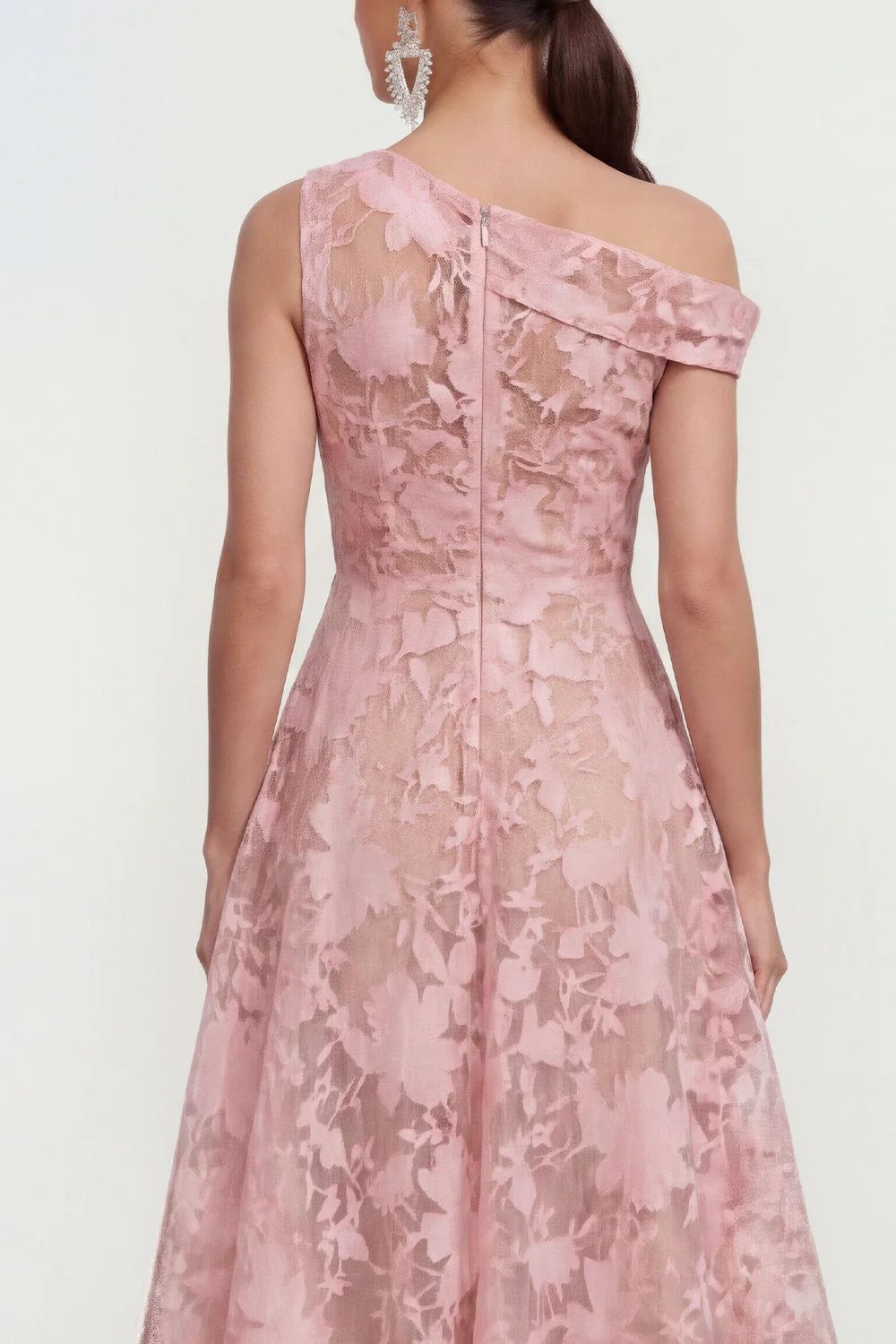 Pink One Shoulder A-Line Midi Floral Dress - Image 4