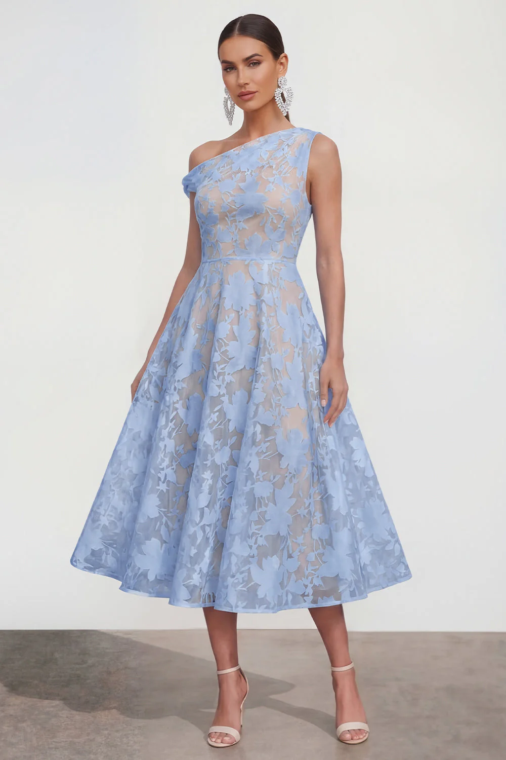 Pink One Shoulder A-Line Midi Floral Dress - Image 5