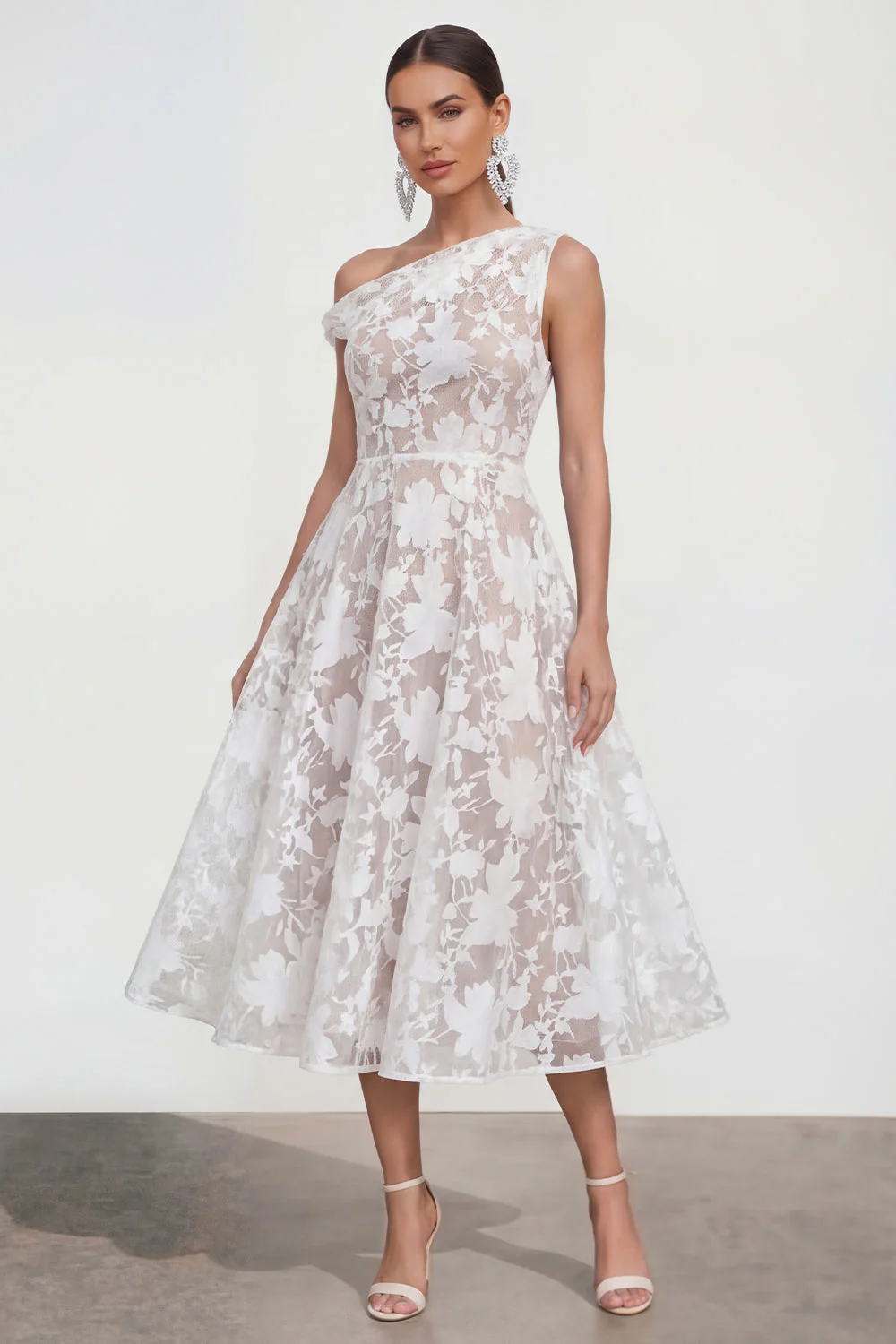 Pink One Shoulder A-Line Midi Floral Dress - Image 9