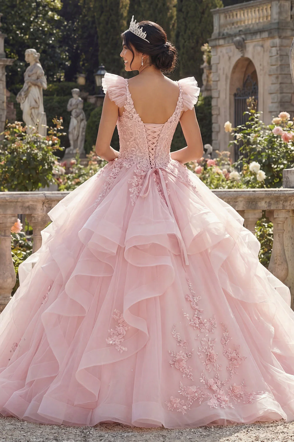Pink Ruffled Ball Gown Appliqued Quinceanera Dress with 3D Flowers - Image 2