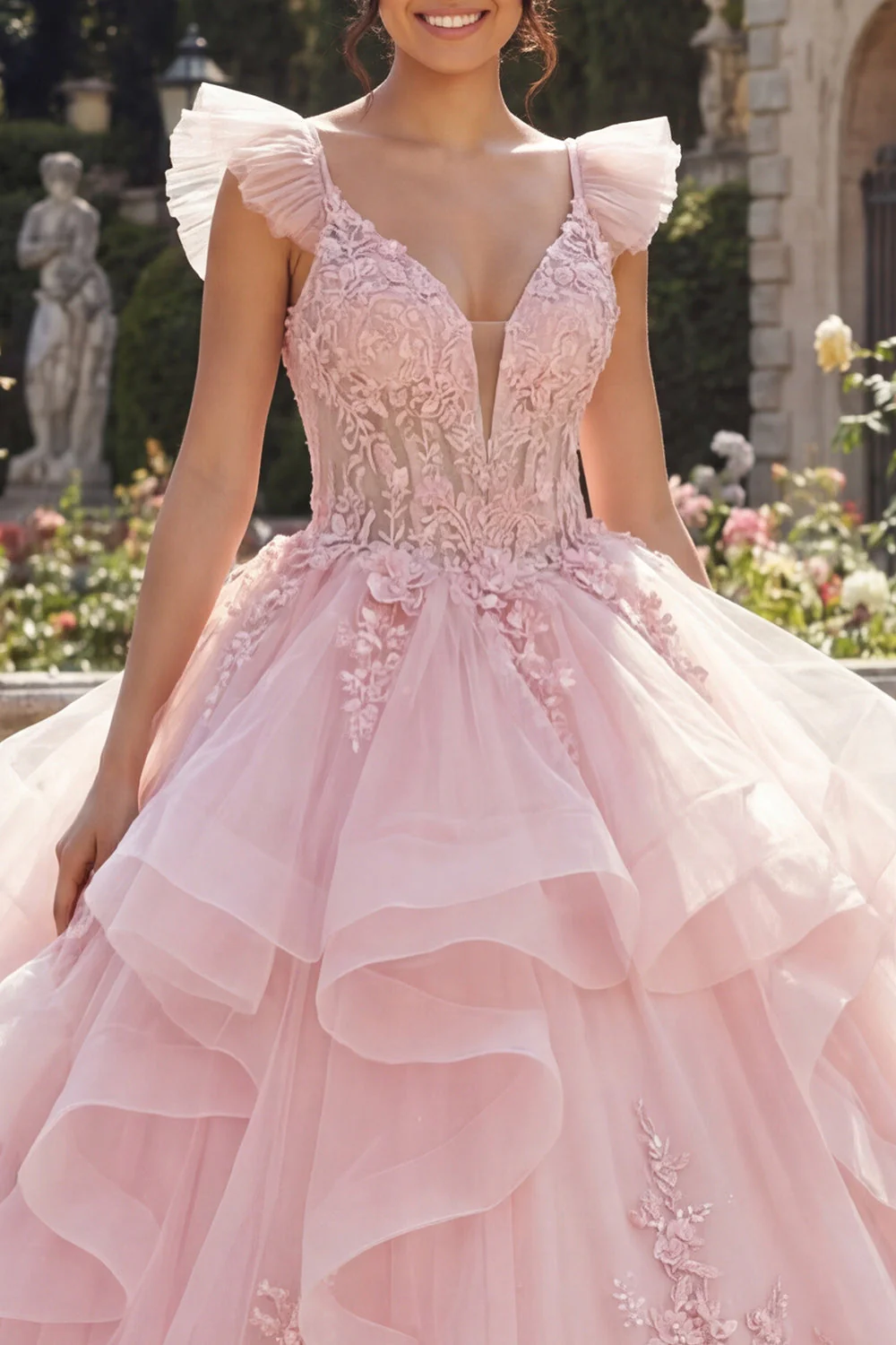 Pink Ruffled Ball Gown Appliqued Quinceanera Dress with 3D Flowers - Image 3