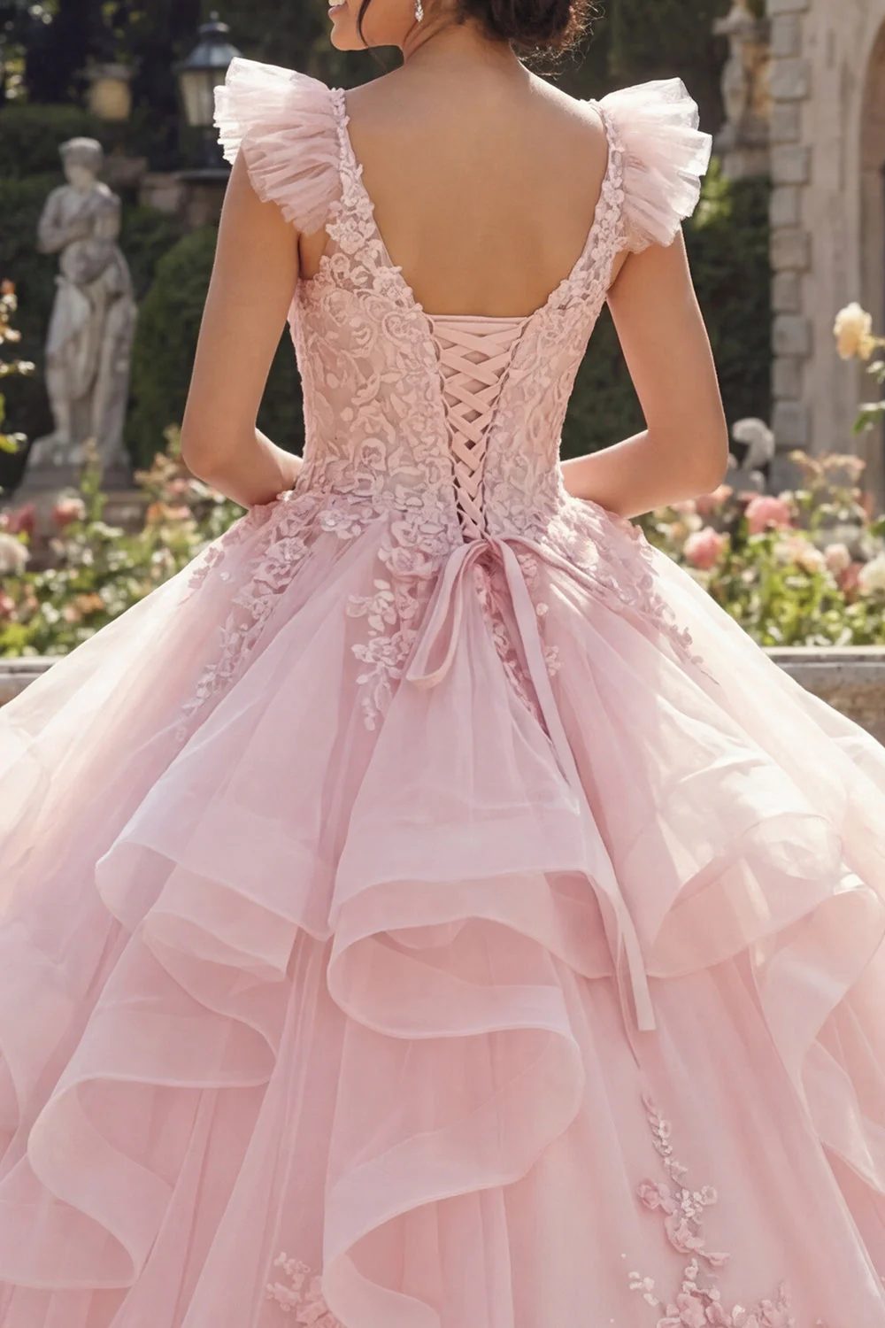 Pink Ruffled Ball Gown Appliqued Quinceanera Dress with 3D Flowers - Image 4
