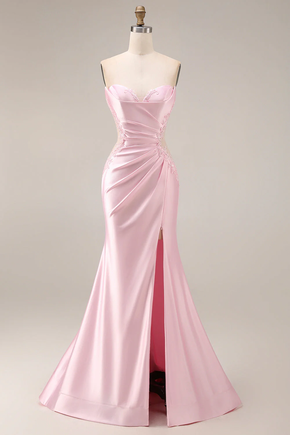 Pink Sweetheart Satin Mermaid Ruched Long Prom Dress with Slit