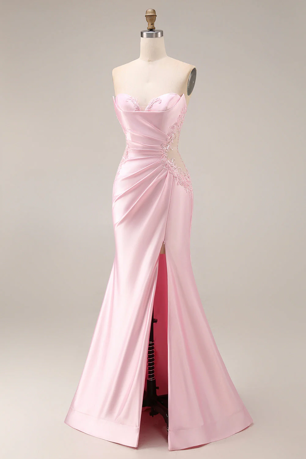 Pink Sweetheart Satin Mermaid Ruched Long Prom Dress with Slit - Image 3