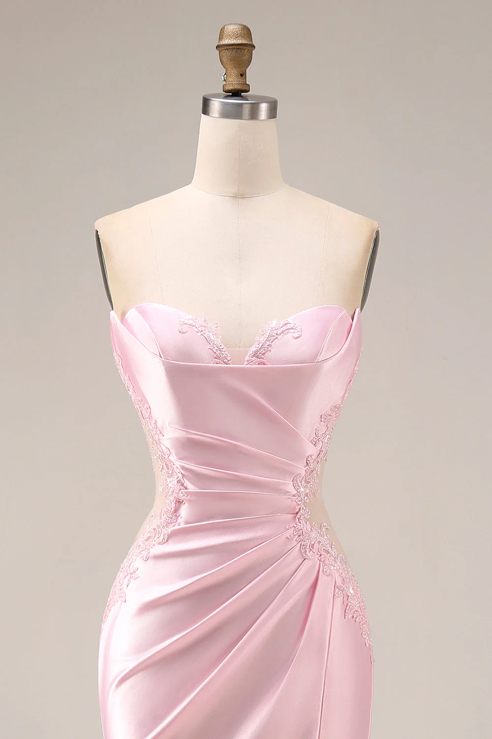 Pink Sweetheart Satin Mermaid Ruched Long Prom Dress with Slit - Image 4