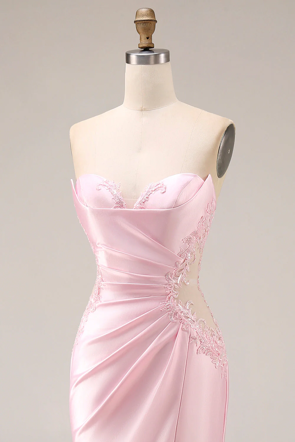 Pink Sweetheart Satin Mermaid Ruched Long Prom Dress with Slit - Image 6
