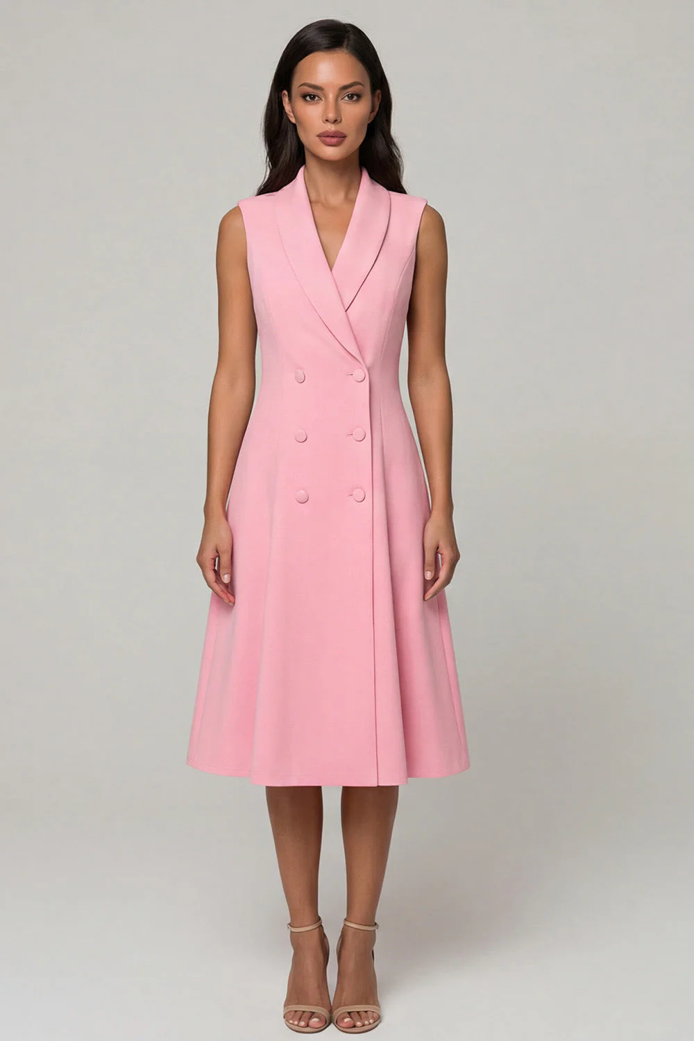 Pink A Line Shawl Lapel Double Breasted Midi Work Dress