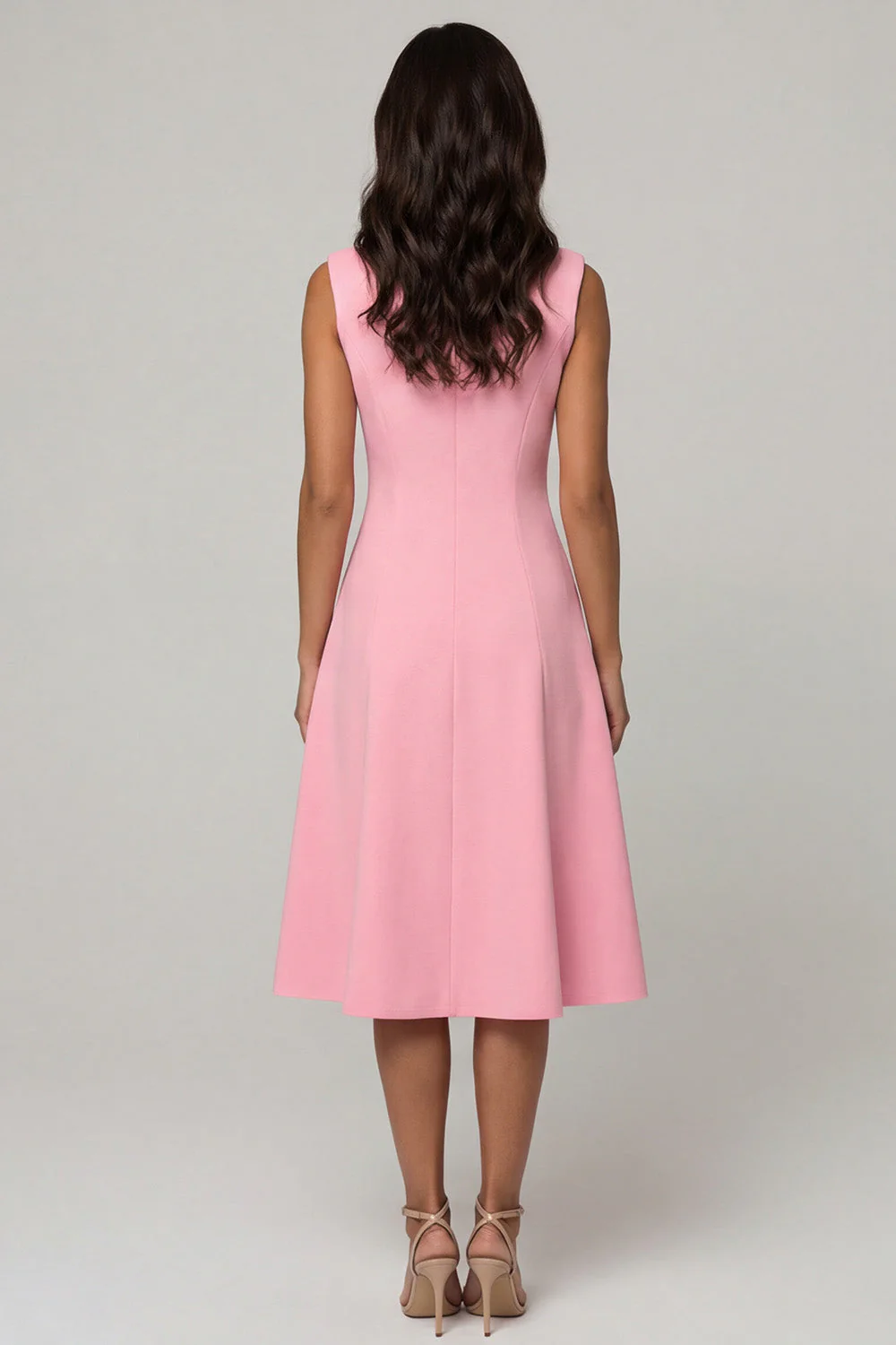 Pink A Line Shawl Lapel Double Breasted Midi Work Dress - Image 2