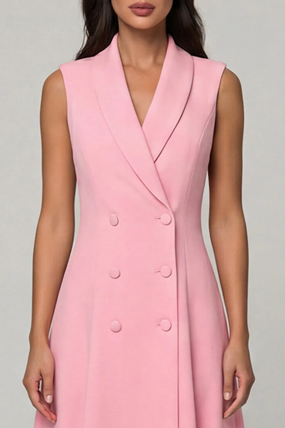 Pink A Line Shawl Lapel Double Breasted Midi Work Dress - Image 3