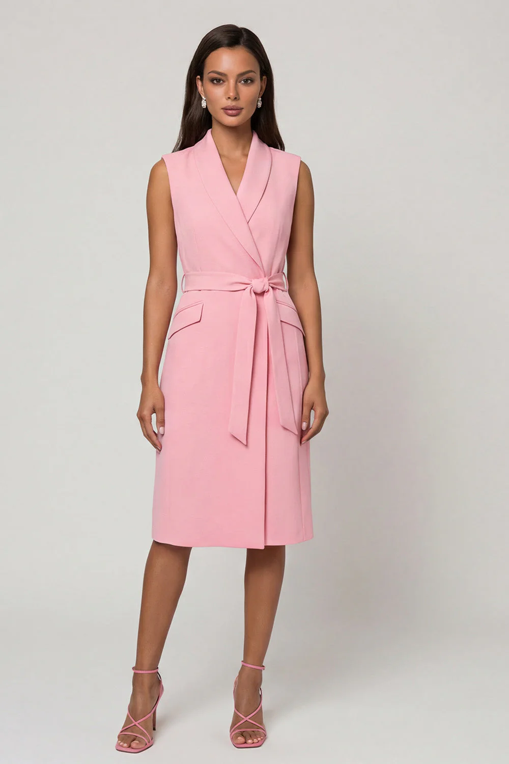 Pink Shawl Lapel Sheath Midi Work Dress with Belt