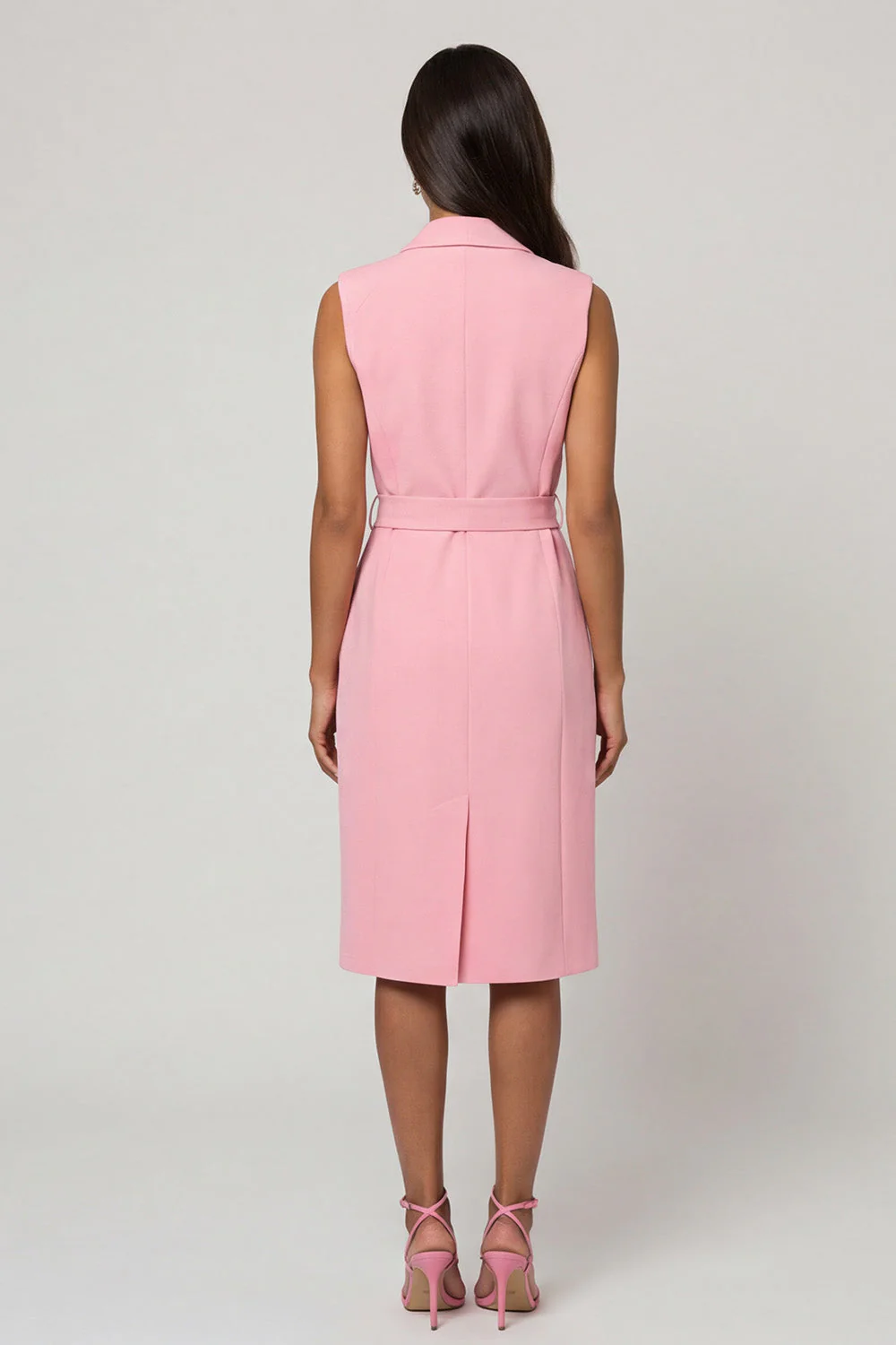 Pink Shawl Lapel Sheath Midi Work Dress with Belt - Image 2
