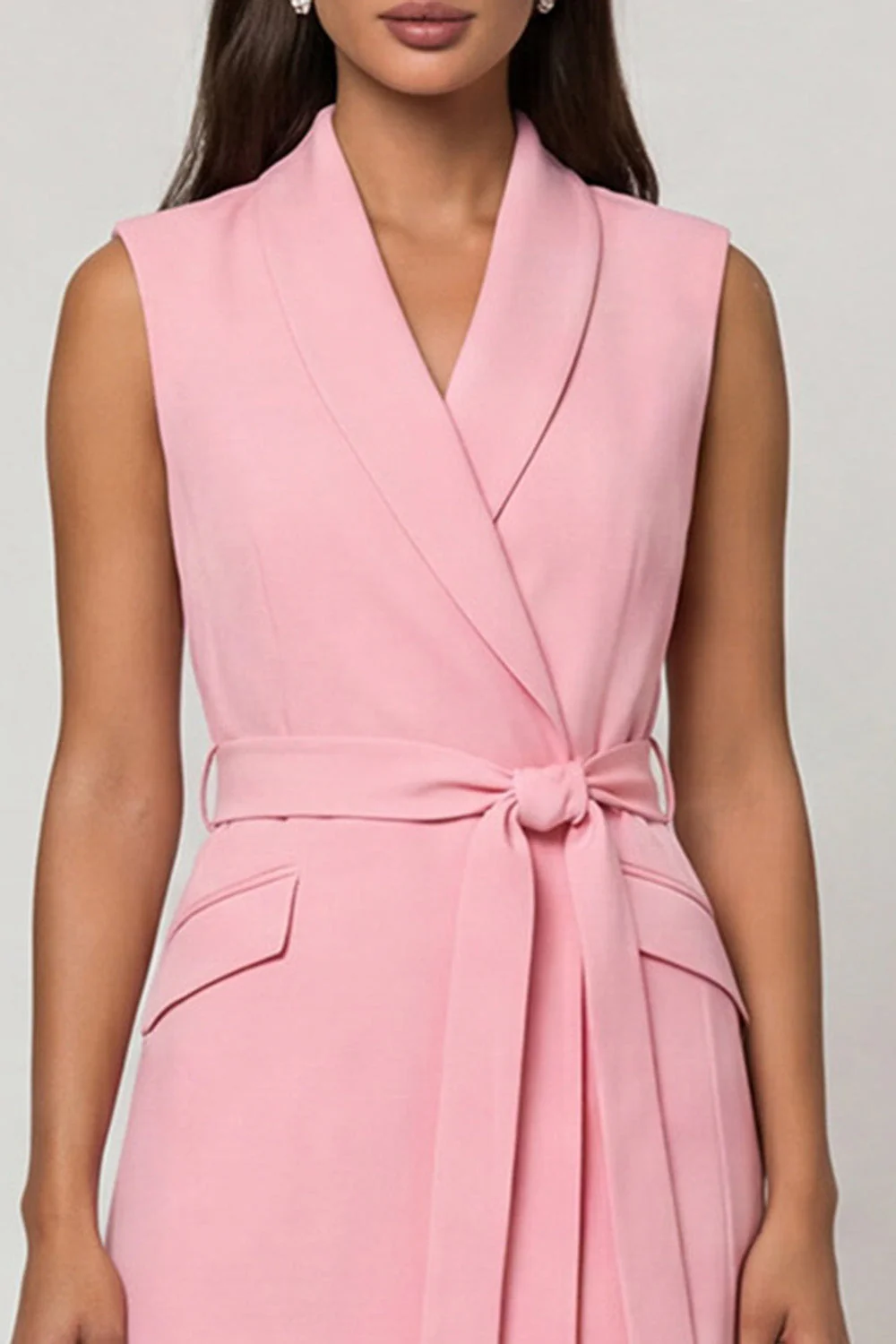 Pink Shawl Lapel Sheath Midi Work Dress with Belt - Image 3