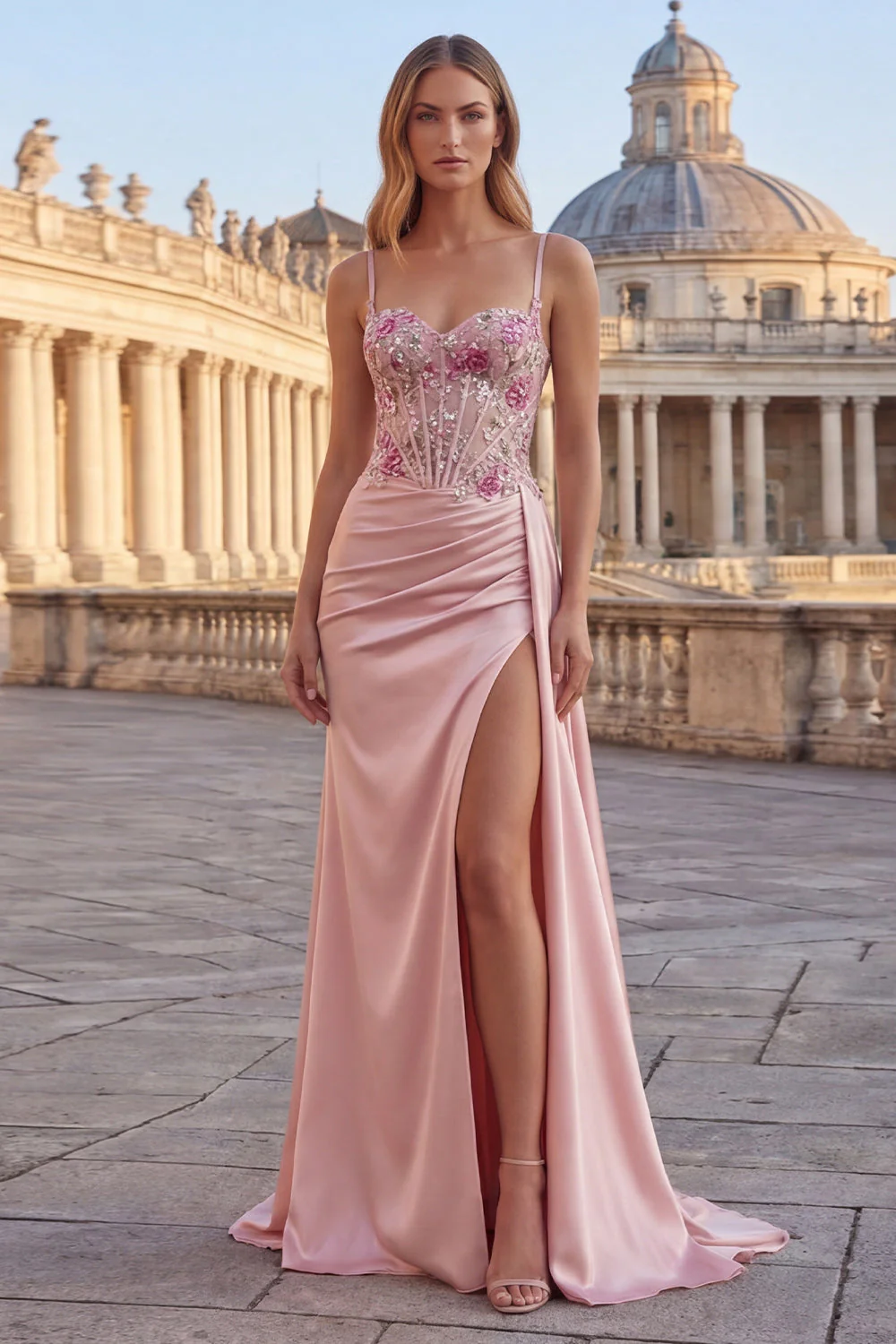 Pink Mermaid Floral Ruched Corset Long Prom Dress with Side Cape